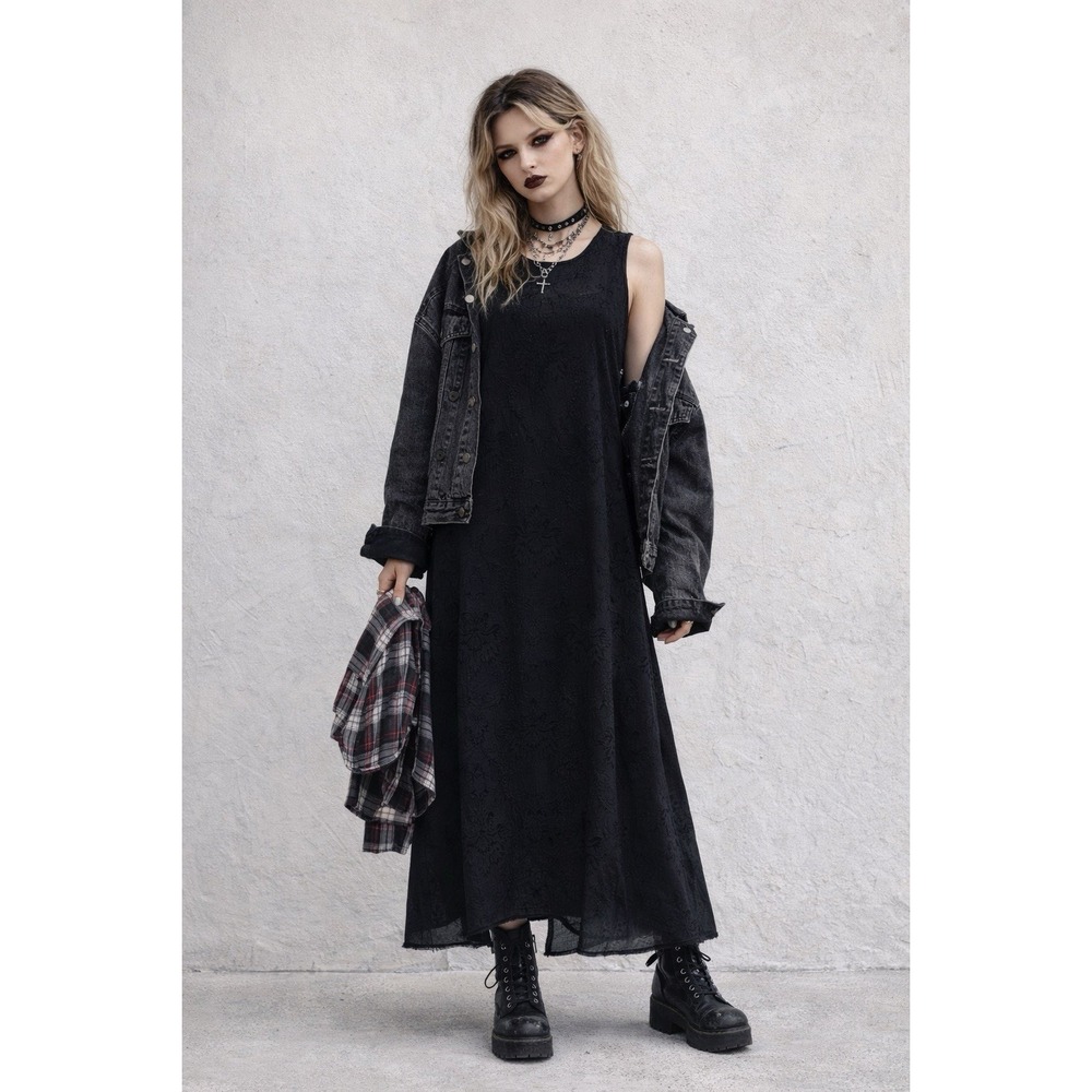 Vtg 90s Jumper Shift Dress Womens 11 Black Brocade Midi Boho Modest Grunge goth